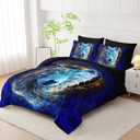 AILONEN Galaxy Wolf Comforter Set Queen Size,7-Piece Soft Bed in a Bag,Blue Rose Flower Animal Print Comforter & Fitted Sheet & Flat Sheet & 2 Pillowcases,2 Pillow Shams for Bedroom
