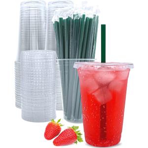 20 oz Clear Plastic Cups with Lids and Straws, Disposable Coffee Cups 25 Sets