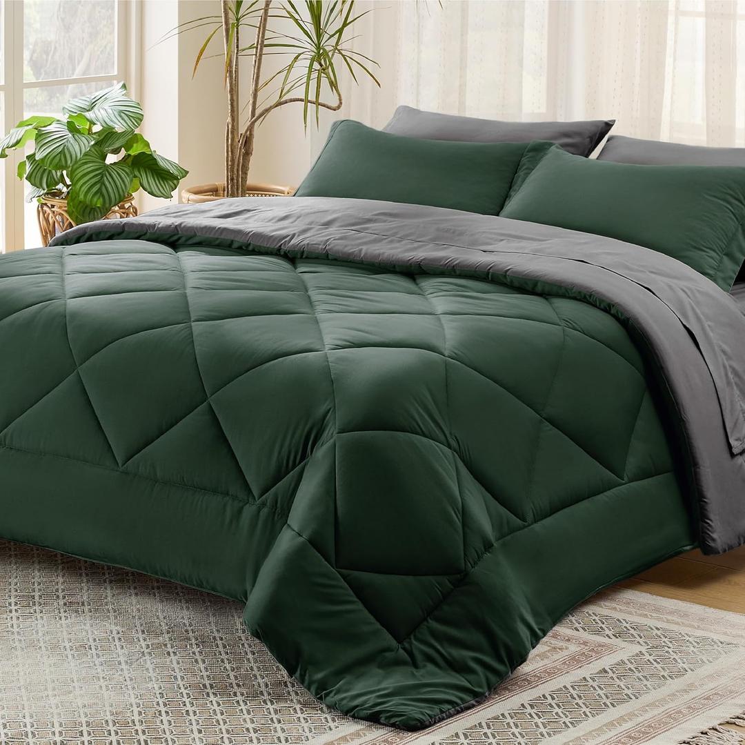 Bedsure Forest Green Twin XL Comforter Set - 5 Pieces Reversible Twin XL Bed in a Bag for College, Extra Long Twin Bed Set Forest Green and Grey with Comforters, Sheets, Pillowcase & Sham