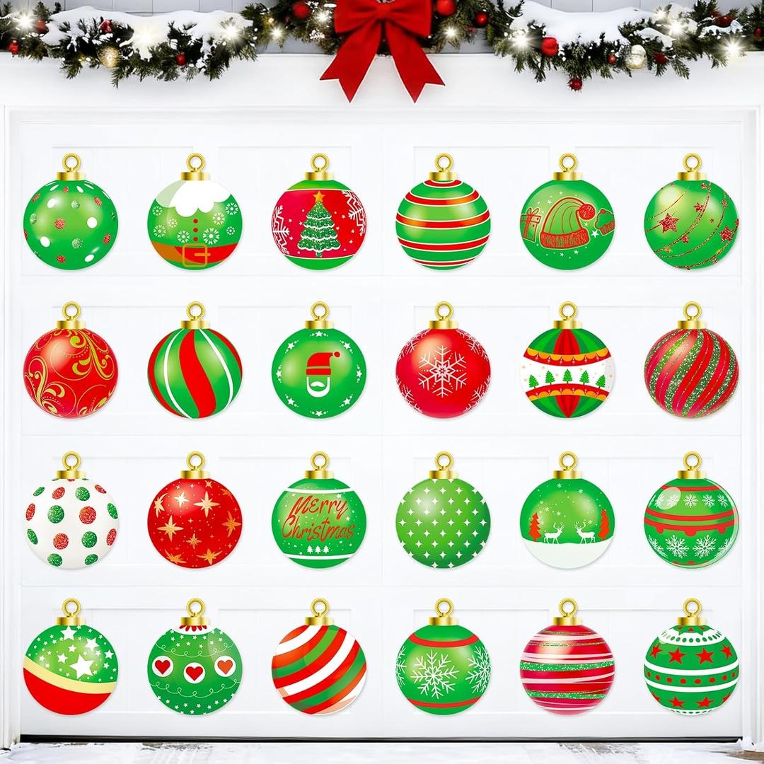 Christmas Garage Door Magnets Decorations, 24 PCS Large Merry Xmas Balls Decor for Outdoor, Christmas Stickers Holiday Weatherproof Magnetic Decal for Car, Refrigerator, Mailbox