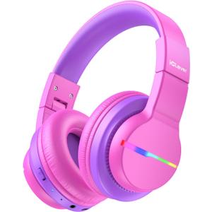 iClever BTH12 Kids Bluetooth Headphones,Colorful LED Lights,74/85dBA Safe Volume,85H Playtime,Fast Charging,Bluetooth 5.2,Over Ear Kids Headphones Wireles for iPad/Tablet/Airplane,Hot Pink