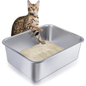 Stainless Steel Cat Litter Box - Large Metal High-Sided Litter Pan for Cats, Rabbits, and Pets, Non-Stick, Odor-Free, Easy to Clean, Splash-Proof, Sturdy and Durable Indoor Cat Toilet Supplies (23.6" L x 15.8" W x 6" H)