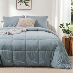 KASENTEX King Size Comforter set,Fluffy Corduroy Comforter set,3 pieces Down Alternative Warm Duvet Insert with Soft Brushed Microfiber Reverse, cozy bedding sets Box Stitched for All-Season,Grey Blue