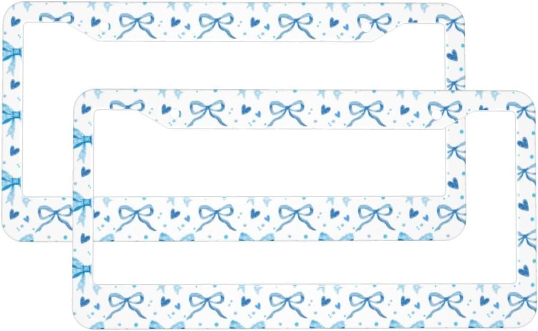 Blue Bows and Hearts License Plate Frame 2 Pack, Universal Aluminum License Plate Holder Car Accessories with Screws for Women