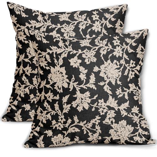 Black Floral Pillow Covers 18x18 Set of 2 Brown Cream Vintage Flower Block Print Pattern Decorative Throw Pillowcases Outdoor Rustic Farmhouse Square Cushion Cases Decor for Home Couch Sofa Bed