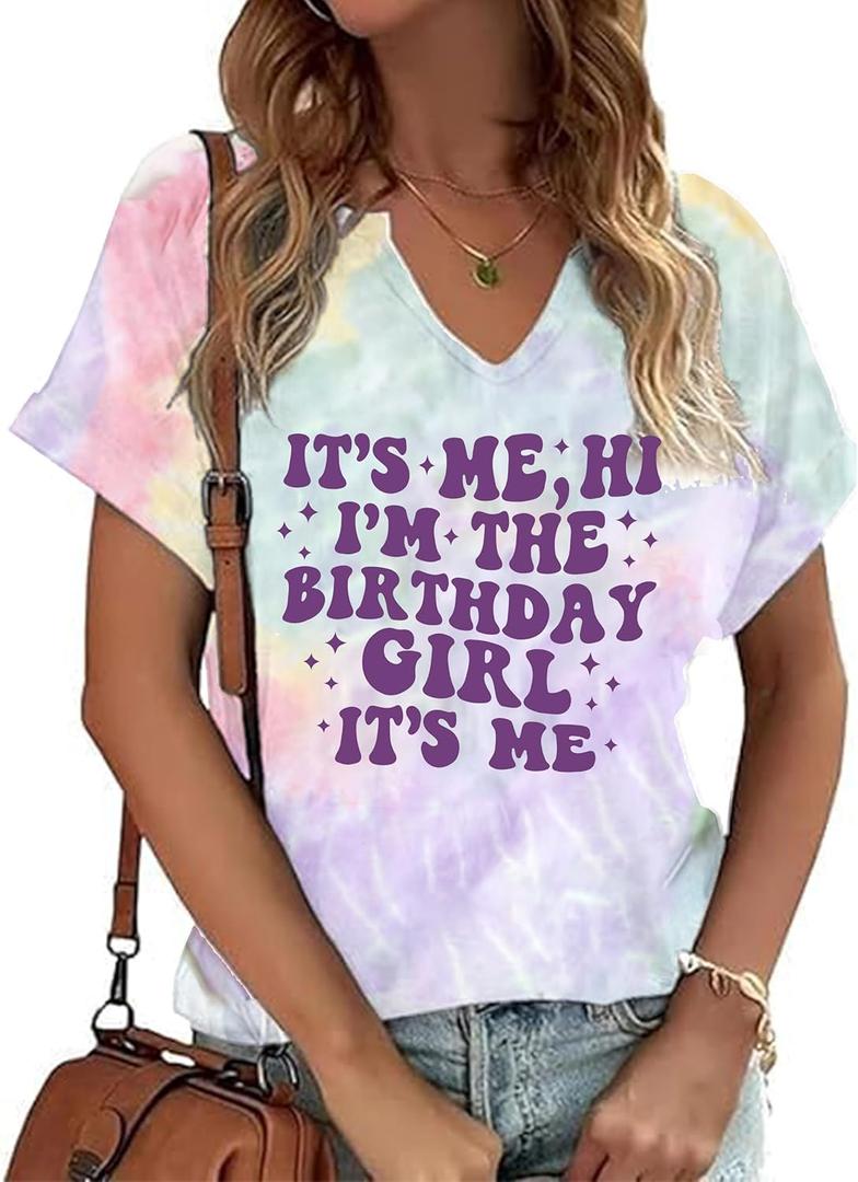 Birthday Shirts for Women V-Neck Its My Birthday Shirt Cute Birthday Girl Graphic Short Sleeve Tee Tops (S)
