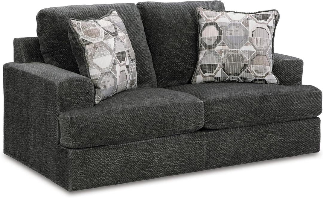 Benjara Henly 70 Inch Loveseat, 2 Accent Pillows, Oversized, Soft Polyester, Gray, Black and Ivory