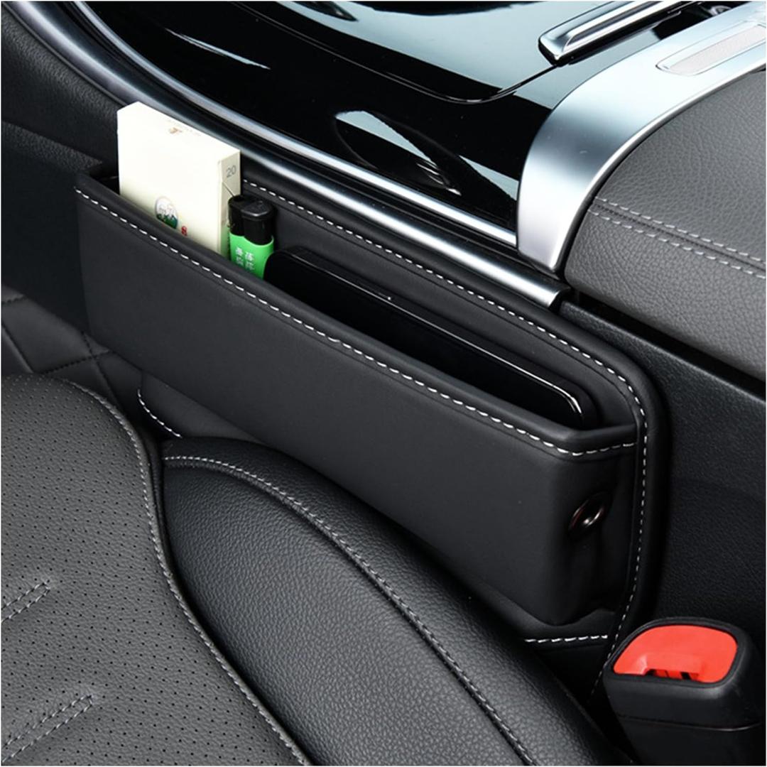 Ziciner Car Seat Gap Organizer, Premium Leather Auto Seat Storage Box, Vehicle Adjustable Front Seat Gap Filler, Car Seat Side Pocket Organizer for Phones, Glasses, Keys, Money, Cards (Black)