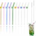 Ribbon Reusable Glass Straws with Charms, Cute Bow Shaped Charm Glass Straw with Cleaning Brush for Coffee, Smoothies, Milkshake, Frozen Drinks, Tea, Juice,Aesthetic Gift