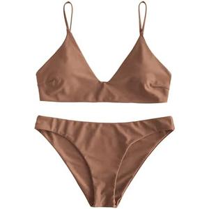 ZAFUL Women's Solid Spaghetti Strap Bralette Bikini Set Two Piece Swimsuit Large Brown