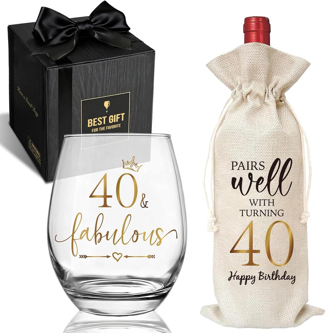 40& Fabulous Stemless Wine Glass Bag Birthday Gifts Set for Women Men, Elegant 40th Bday Decorations wine glass bag for Her Him, Funny birthday Glasses gift set for Family Friends Coworkers-56