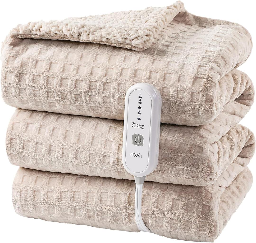 Dowin Heated Blanket Electric Blanket - Throw Size Waffle Fleece Heating Warming Blankets with Auto Shut Off for Couch Office Chair Bed Adults Fuzzy Cozy Machine Washable 50x60 Khaki