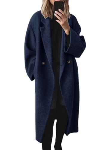 chouyatou Women's Winter Double Breasted Wool Coat Long Sleeve Notch Lapel Long Trench Coat (Large, Navy Blue)