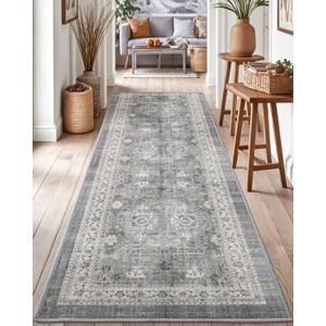 DEXI Hallway Runner Rug, 2x7 Distressed Non Slip Runners Carpet, Boho Vintage Soft Thin Indoor Rug, Stain Resistant Washable Entry Mat for Entryway Kitchen Laundry Room Living Room, Grey