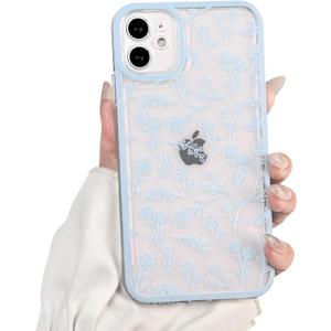 NITITOP Compatible with iPhone 11 Case Cute Clear Blue Durable Flower Floral Leave for Girls Women Soft TPU Transparent Colourful Frame Full Camera Lens Shockproof Protective Cover - Blue