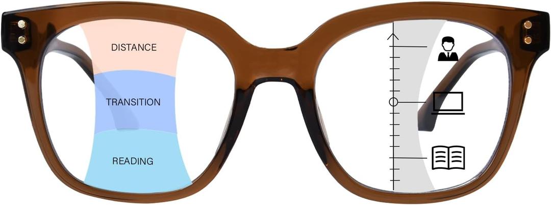 Progressive Multifocus Reading Glasses for Women Men Oversized Anti Blue Light Blocking Readers Square Eyeglasses (Brown),