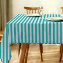 Whaline Scalloped Edge Blue Green Striped Tablecloth Waterproof Fabric Tablecloth Rectangle Table Cover for Home Kitchen Table Decoration, 55 x 70 Inch