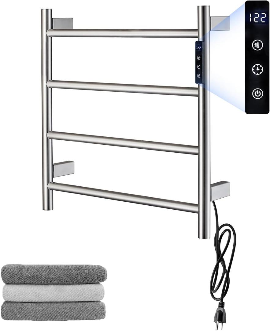Heated Towel Racks,4 Bars Towel Warmer Rack for Bathroom, Wall Mounted Electric Towel Warmer with Timer, Plug-in/Hardwired Towel Dryer Rack Chrome