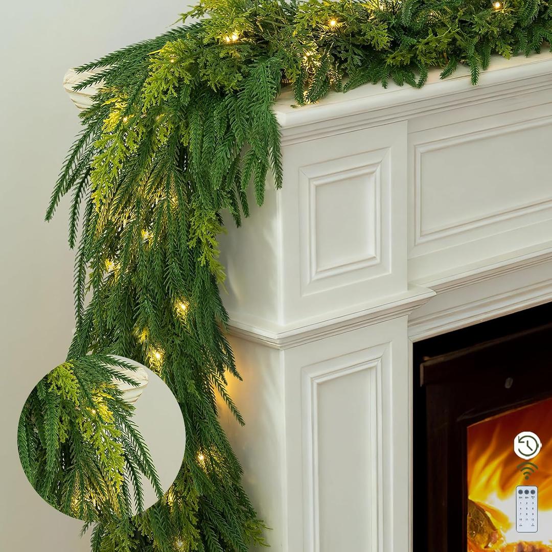 BLOSMON Christmas Norfolk Pine Garland: 6ft Real Touch Cedar Greenery Garlands with Lights for Mantle - Remote Timer 30 LEDs 12 Lighting Modes - Prelit Garland Outdoor Indoor Stairs Table Decorations