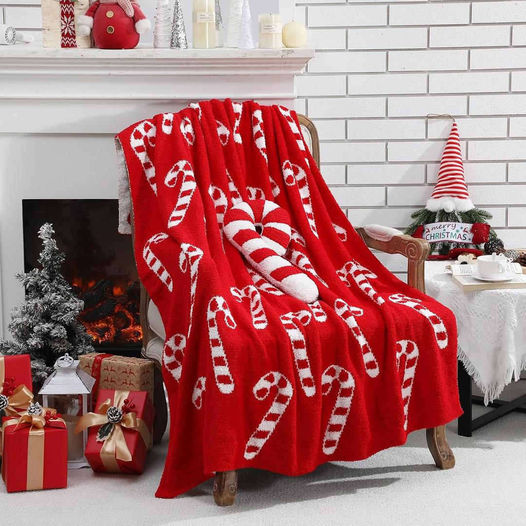 Hillsuren Christmas Candy Cane Throw Blankets and Pillow Gifts Set Include Red White Double Sided Flannel Blanket 50 x 60 Inch and Candy Canes Plush Throw Pillow for Couch Sofa Bed Home Decorations