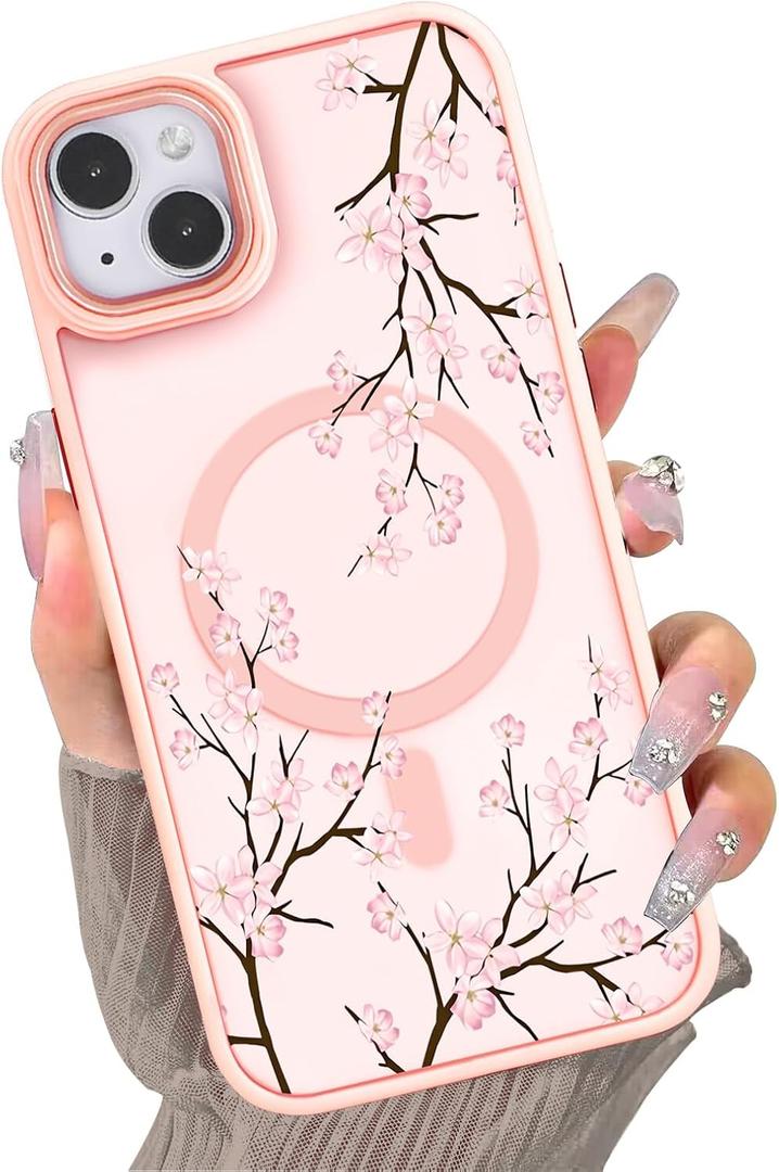 for iPhone 14 Plus Magnetic Matte Translucent Case,Luxury Shockproof Magnetic,Cute Flower Pattern Hard Back Cover iPhone 14 Plus Case for Women Girls-Little Pink Floral