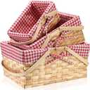 3 Pcs Different Sizes Picnic Basket with Handles Natural Vintage Red and White Checkered Liner Rustic Woven Hamper for Spring Easter Picnic Camping Outdoor Egg Gathering Candy Gift