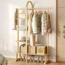 41.2" Wooden Coat Rack with 4 Shelves and 5 Hooks,Freestanding Clothing Rack,Solid Rubber Wood Entryway Organizer for Coats, Shoes, Bags and Hats, Walnut