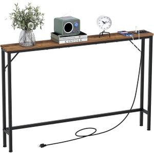 Tohomeor 5.9" Skinny Behind Sofa Console Table with Charging Station 47.24" Narrow Long Behind Couch Table with Power Outlets USB Ports Thin Entry Table for Entryway Living Room Hallway (Brown)