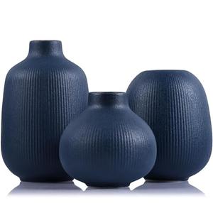 Blue Ceramic Vase Set of 3, Minimalist Decor, Home Decorative Vase, Modern Ribbed Vases, Navy Blue Vases Set for Kitchen, Bedroom, Office, Living Room, Bathroom, & Shelf Centerpiece Table Decoration