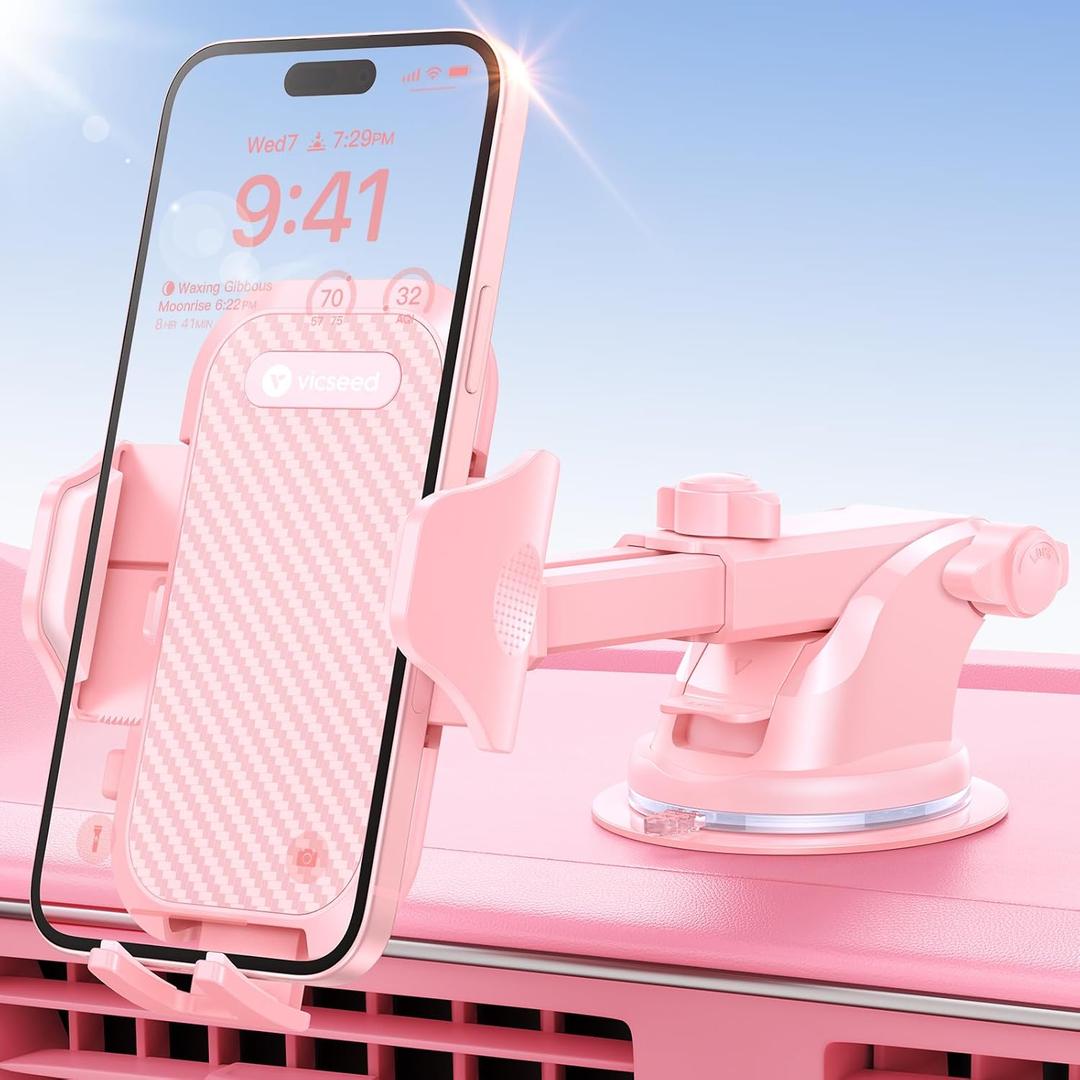 VICSEED Pink Phone Holder for Your Car [Sturdy & Durable] [Powerful Suction] Dashboard Windshield Air Vent Car Phone Holder Hands Free Phone Mount for Car for iPhone Android, Pink Car Accessories
