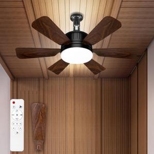 2-in-1 Socket Fan Light with Remote, 18'' Small Ceiling Fans with Lights, 3 Colors 3000K-6500K, 3 Wind Speeds, Modern ceiling fan with Dimmable Led Light Bulb for Bedroom Office Garage Kitchen, Brown