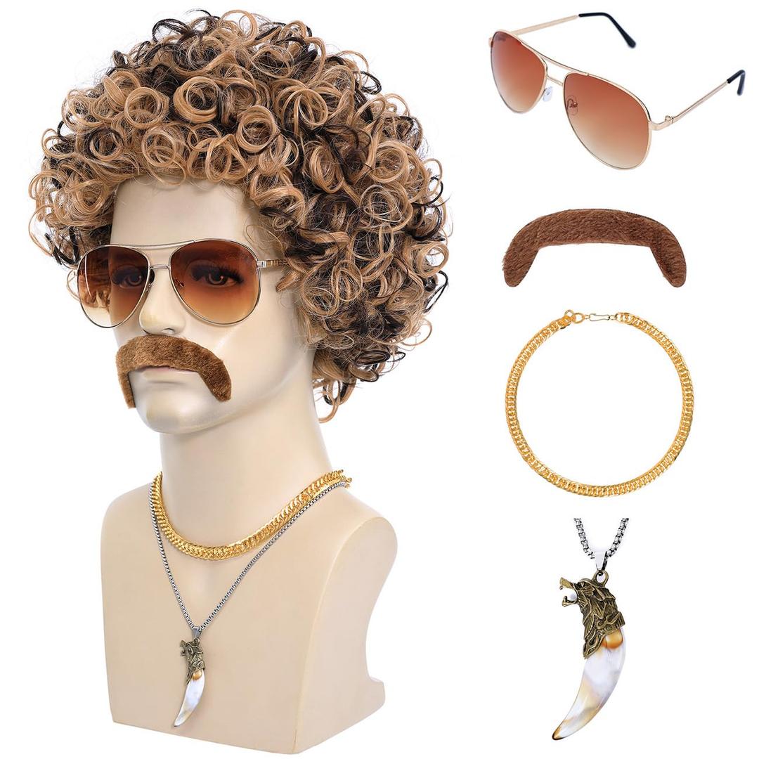 Bettecos 6pcs Set 70s 80s Disco wig with Mustache Glasses Artificial Wolf Necklace Golden Chain Short Curly Hair Afro Men's Wig for 60s Hippies Costume Cosplay Halloween Party (Blonde Mixed Brown)