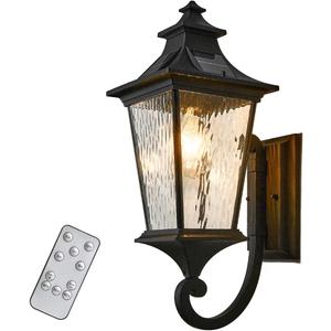 Waterproof Solar Sconces Lights Outdoor with Remote Control 20.9 Inch Height Large Size Solar Wall Lights with Water Ripple Glass Dusk to Dawn Outdoor Lighting Include LED Bulb (Matte Black)