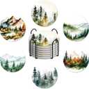 Forest Pattern Coasters Set of 6 with Holder and Cork Base-4in Absorbent Ceramics Coaster for Tabletop Protection Drink Coasters - Coffee Table, Home Decor-Housewarming Gifts for New Home