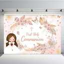 MEHOFOND 7x5ft First Holy Communion Backdrop for Girls Mi Primera Comunión Background for Photography Pink Florals Pampas Grass Happy Birthday Party Banner Supplies Decor Photo Booth Props 2Pcs