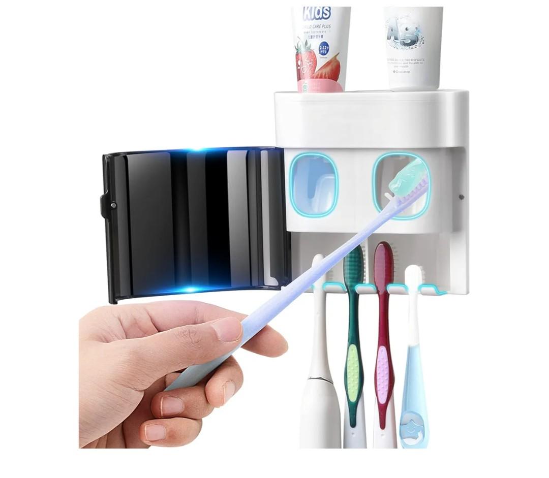 GFWARE Toothbrush Holder Toothpaste Dispenser Wall Mounted with Cover, 4 Slots Tooth Brush Storage Organizer with Automatic Kids Toothpaste Squeezers for Shower Bathroom Black