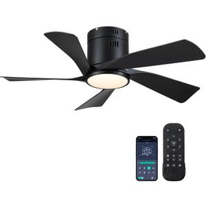 Black Ceiling Fans with Lights - 36" Flush Mount Low Profile Ceiling Fan with Remote/App, Dimmable and 3CCT, Reversible, Modern Ceiling Fan Light for Indoor Bedroom, Kids Room