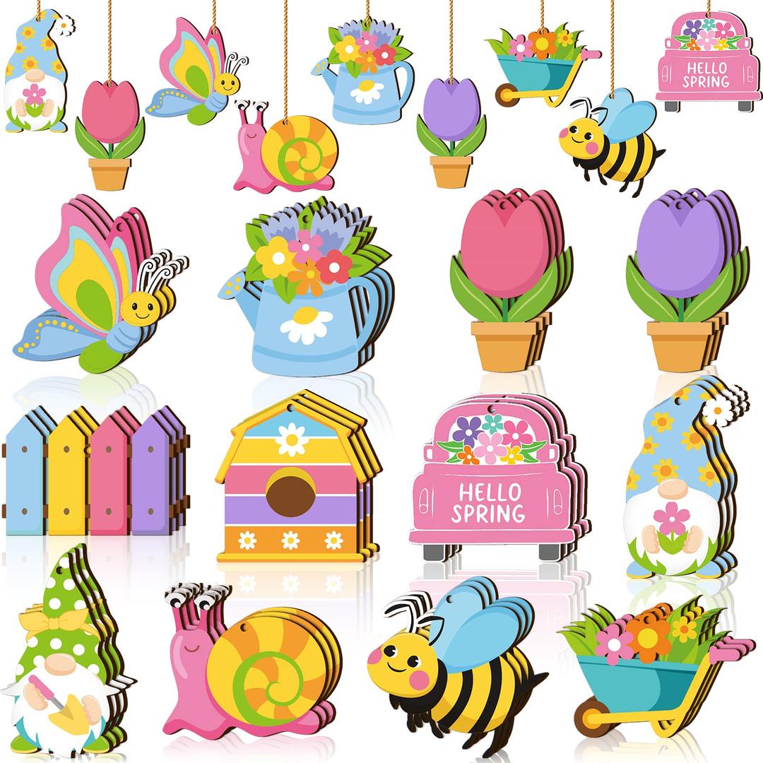 Ferraycle 36 Pieces Spring Flower Ornaments Floral Tree Ornaments Easter Wood Tulip Hanging Decorations Wooden Gnome Decorations for Home Colorful Flower Decor for Small Tree DIY Craft(Bee)