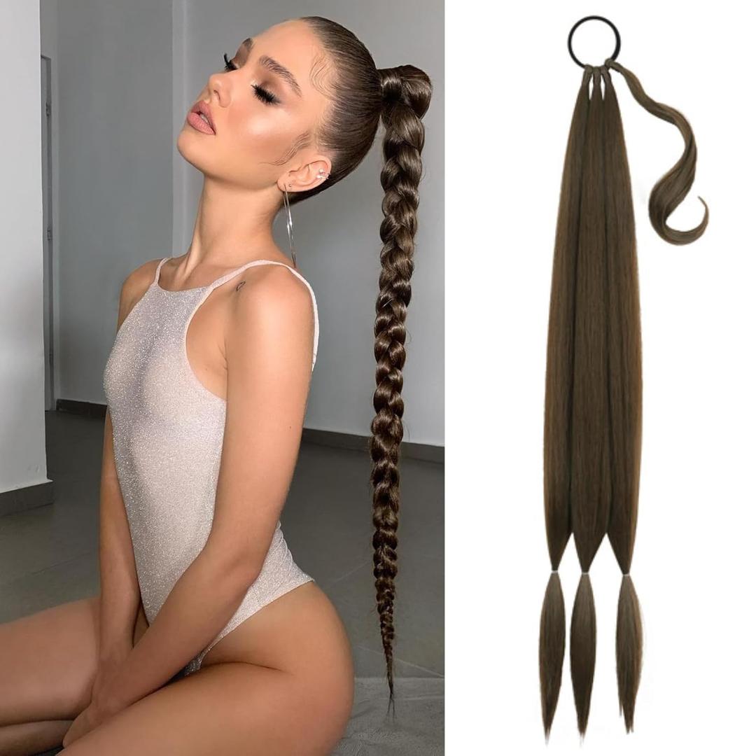 Long Braid Ponytail Extension with Hair Tie DIY Wrap Around Synthetic Hairpiece Natural Soft Fluffy Style for Womens Daily Wear 34 Inches Mixed Brown