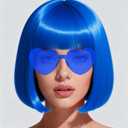 Short Bob Wigs with Heart Sunglasses and Hair Cap  Set of 3 | Colorful Colored Neon Wig Funny Cosplay Hairpieces for Halloween Party Costume (Blue)