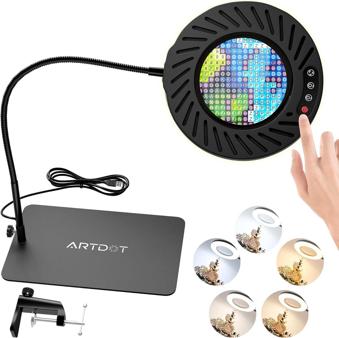ARTDOT 10X Magnifying Glass with Light and Stand, 144 LEDs Desk Lamp with 5 Color Temperatures and 9 Levels Adjustable Brightness for Diamond Painting Accessories Crafts Reading Hobbies Close Work