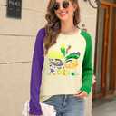 Mardi Gras Shirts for Women Funny Carnival Outfits Fat Tuesday Shirts New Orleans Festival Long Sleeve Tops