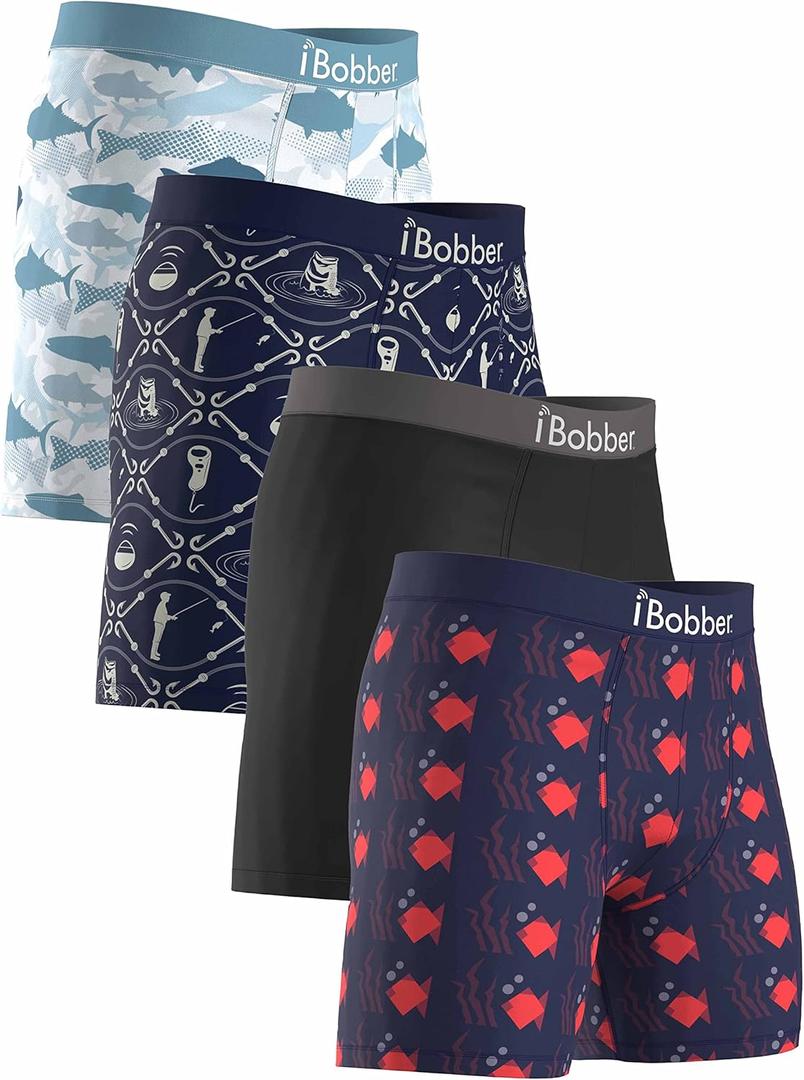 iBobber Underwear - Stretch Flex Fit Boxer Men or Women No Fly Tagless Fishing Outdoor – Pack of 4, Underwear (S)