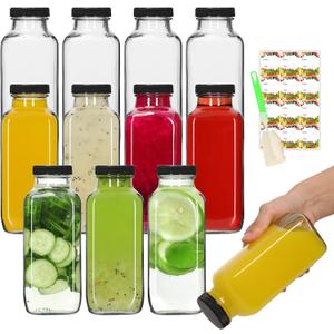AuroTrends 12 oz Glass Bottles with Lids 9Pack, 360ml Glass Bottles for Juicing, Water, Kombucha - Portable Glass Juicing Bottles Reusable Glass 12oz (12fl.oz, Set of 9)