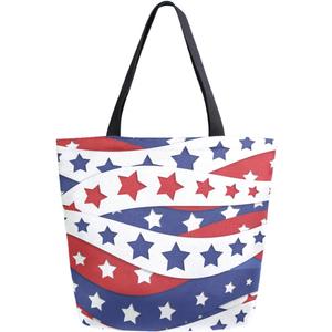 Chic Extra Large Shoulder Grocery Tote Bag, USA Flag Patriotic Stars And Stripes Pattern Canvas Reusable Handle Bags for Men Women Gym Weekender Picnic Beach Travel Home Storage Market Shopping