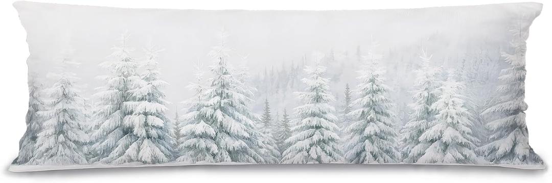 Winter Snowy Pine Tree Forest Body Pillow Cover 20x54, Farmhouse Christmas Tree Landscape Long Body Hug Pillow Pillowcase for Bed Couch Kids Adults