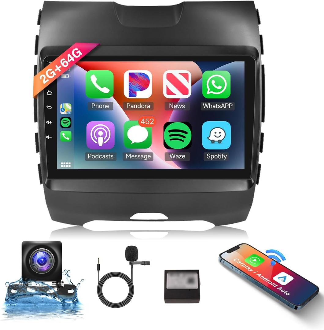 2G 64G Android Car Stereo for Ford Edge 2015-2020, Wireless Carplay Android Auto Car Radio, 9 Touch Screen Head Unit with Bluetooth Mirror Link GPS Navigation WiFi FM RDS EQ Backup Camera SWC Mic