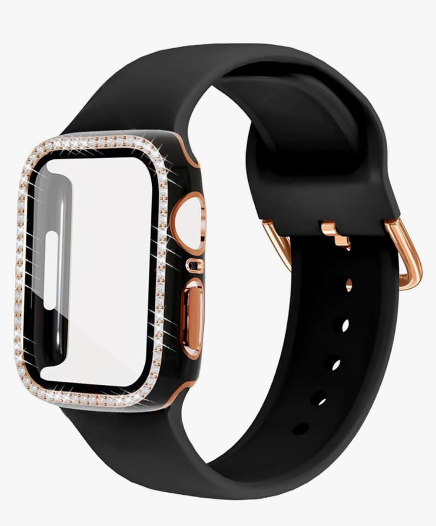 Compatible with Apple Watch Band and Case 38mm 40mm 41mm 42mm 44mm 45mm Women, Soft Silicone Bands and Bling Diamond Case & Glass Screen Protector for iWatch Series 9 8 7 6 5 4 3 2 1 and SE Size: 45mm
