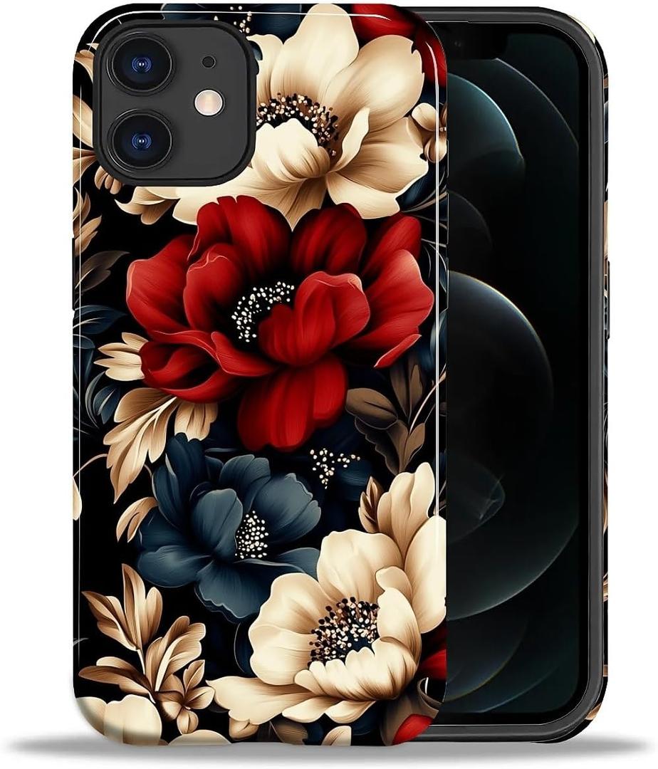 Case for iPhone 11,Shockproof Hard Shell + Soft Silicone 2 in 1 Hybrid,Shockproof Bumper Drop Protective - Black Red Flowers