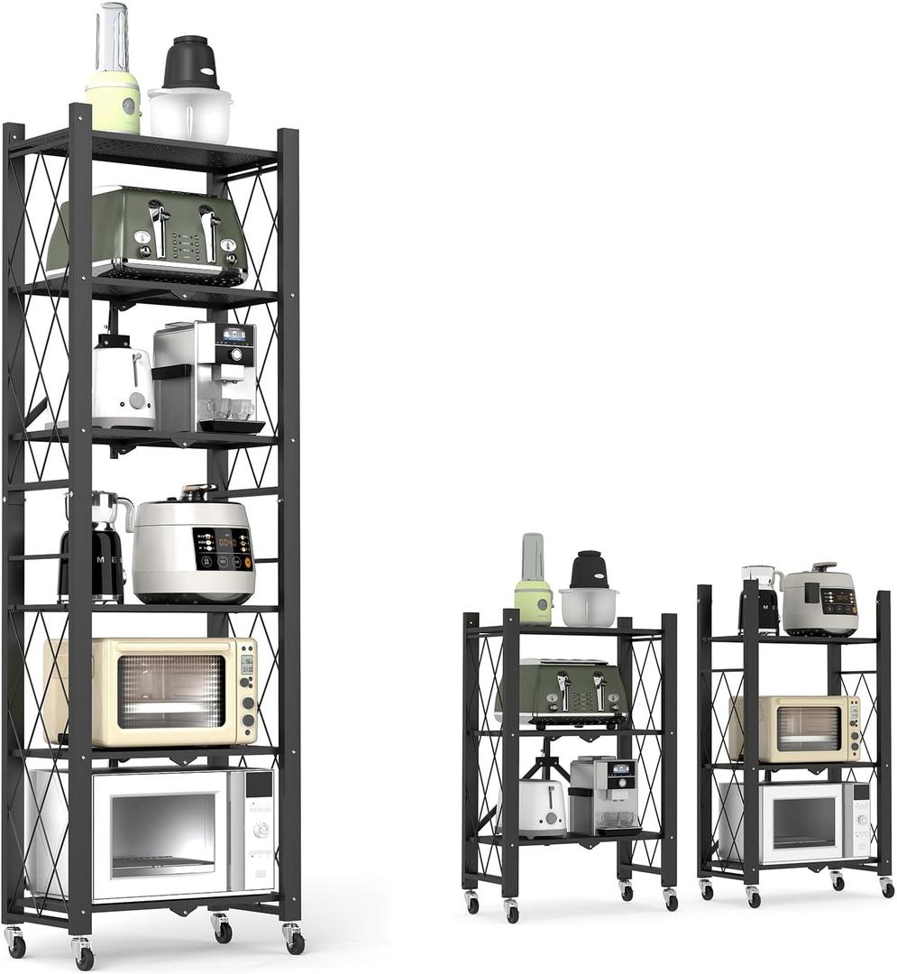 6-Tier Foldable Storage Shelves with Wheels, Folding Metal Shelf Unit, Folding Bookshelf no Assembly, Collapsible Shelves for Craft Shows for Kitchen, Bedroom, Living Room, Black